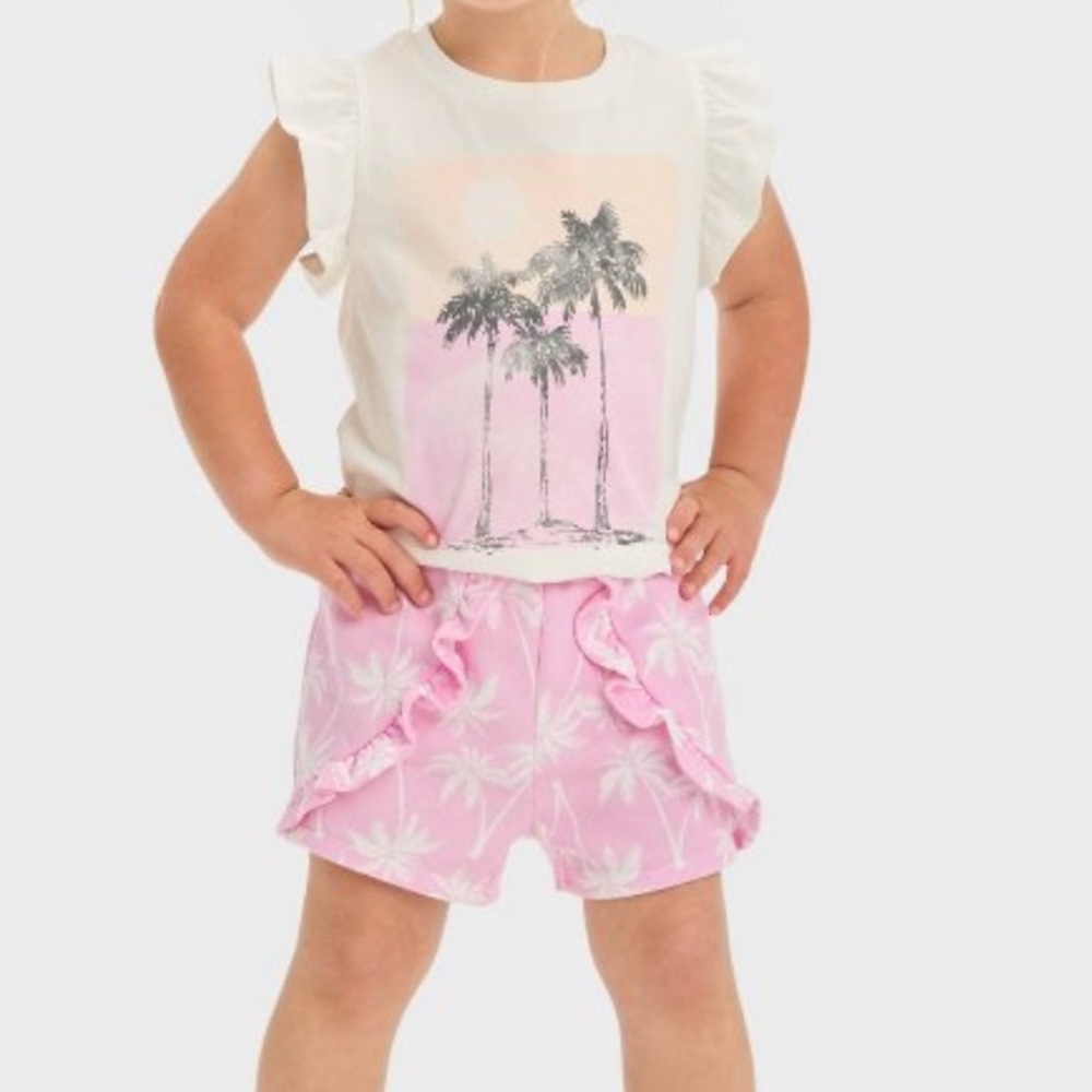 Girls' Palm Tree Ruffle Set - Cream and Pink